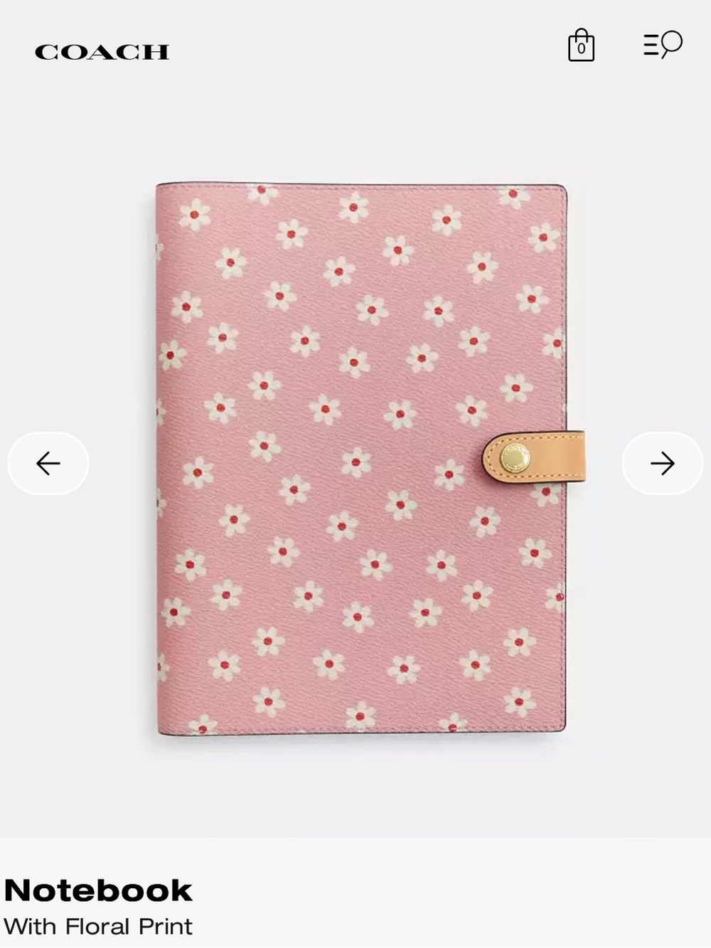 Brand New! Coach Pink Floral Notebook with Tan Snap. Still in package